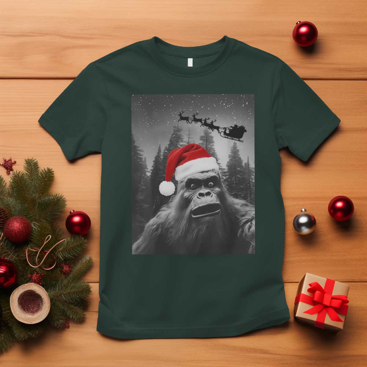 Funny Bigfoot Santas Sleigh Selfie Christmas T Shirt - Wonder Print Shop