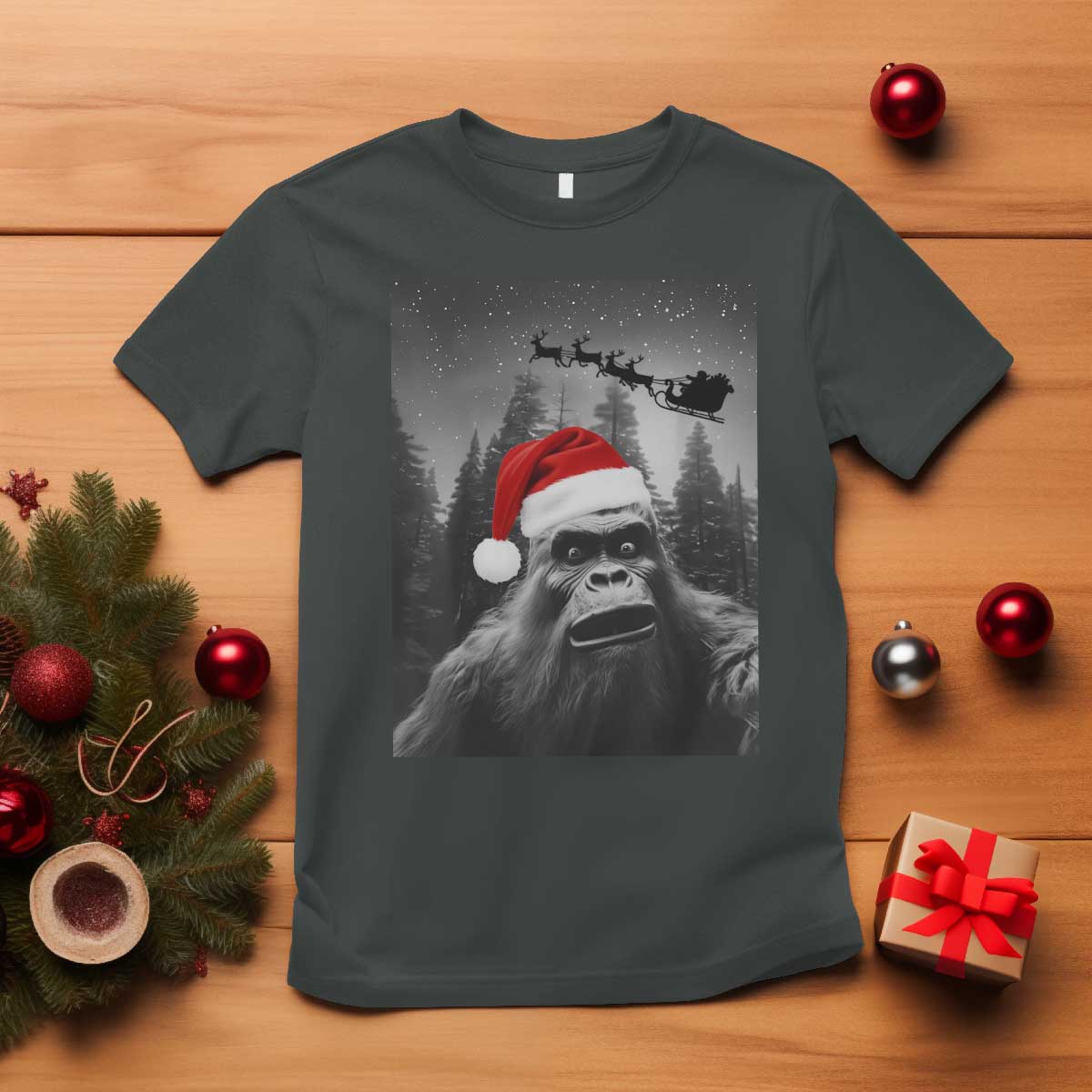 Funny Bigfoot Santas Sleigh Selfie Christmas T Shirt - Wonder Print Shop