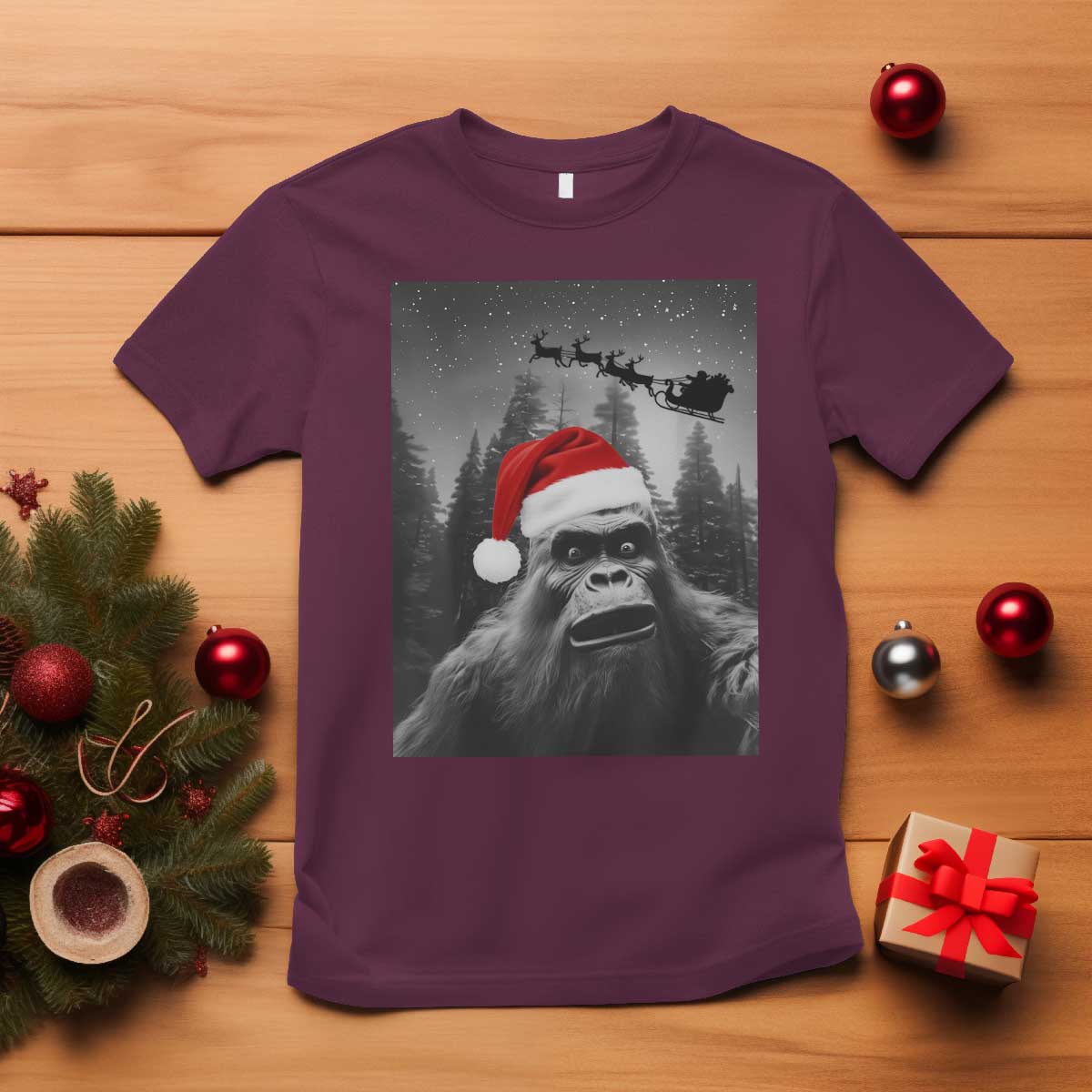 Funny Bigfoot Santas Sleigh Selfie Christmas T Shirt - Wonder Print Shop