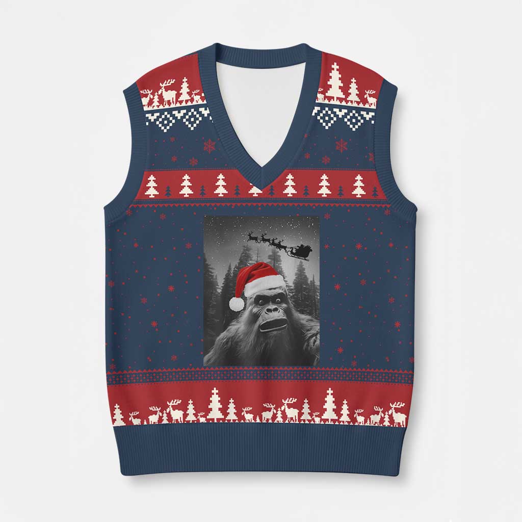 Funny Bigfoot Santas Sleigh Selfie Xmas V-Neck Knit Sweater Vest - Wonder Print Shop
