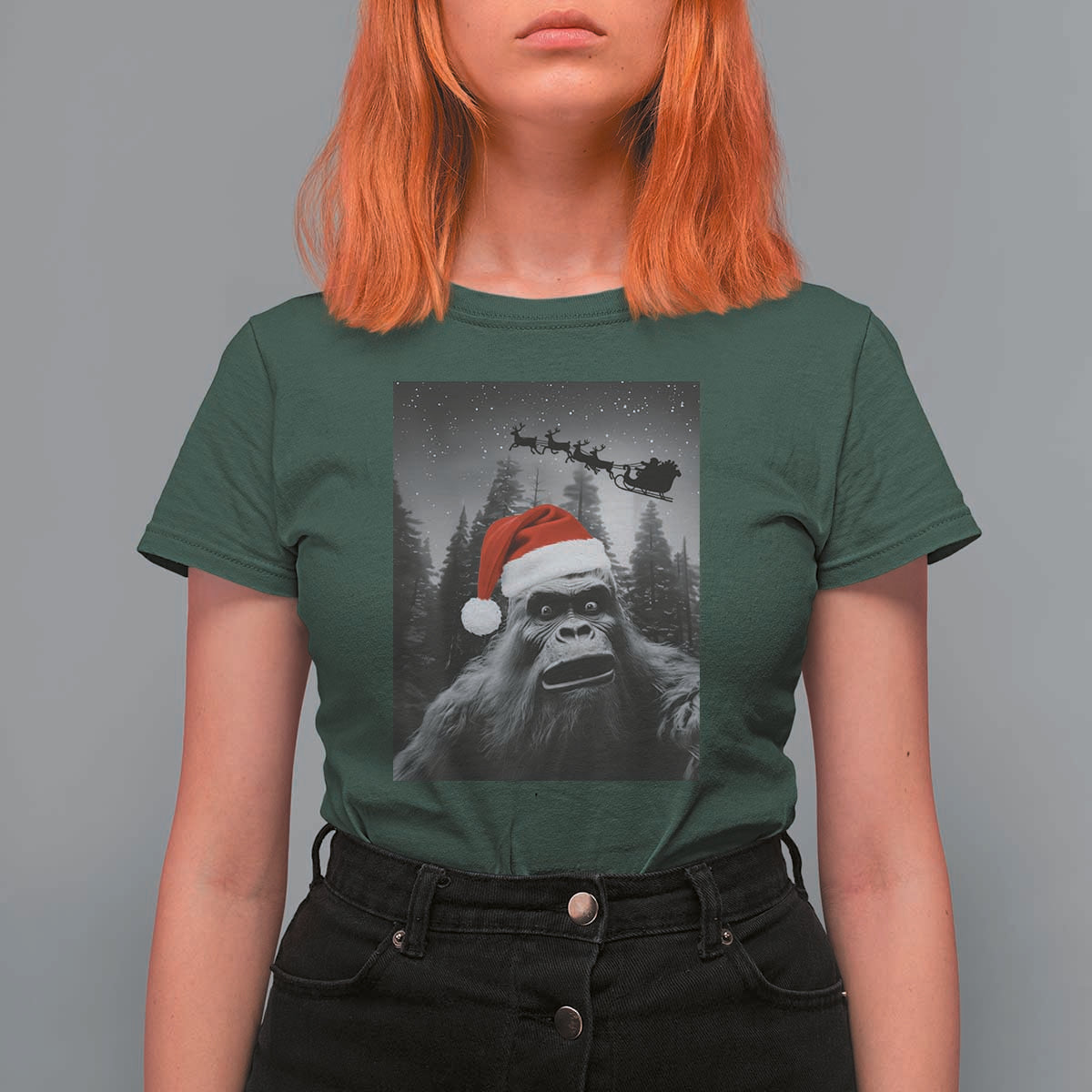Funny Bigfoot Santas Sleigh Selfie Christmas T Shirt For Women - Wonder Print Shop