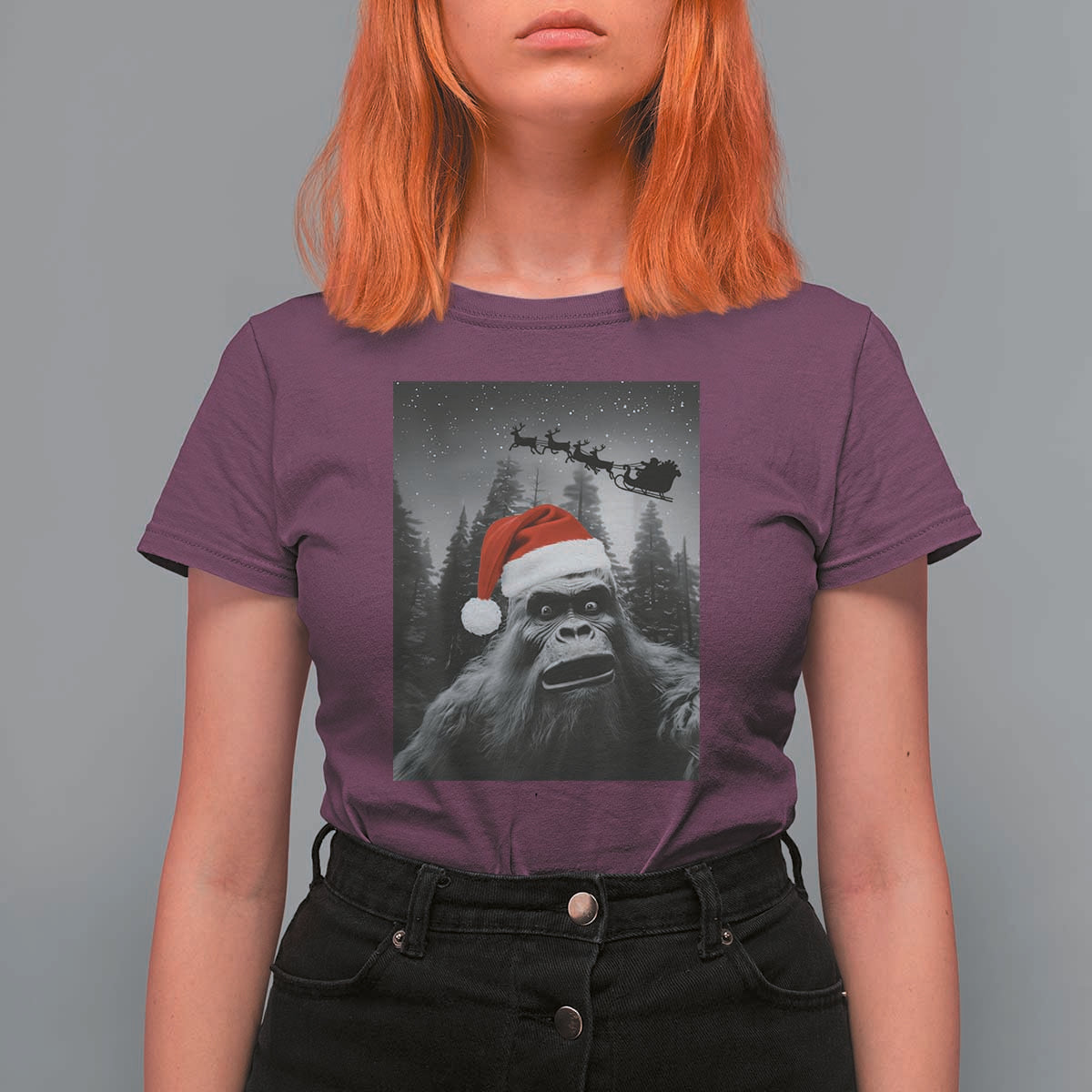 Funny Bigfoot Santas Sleigh Selfie Christmas T Shirt For Women - Wonder Print Shop