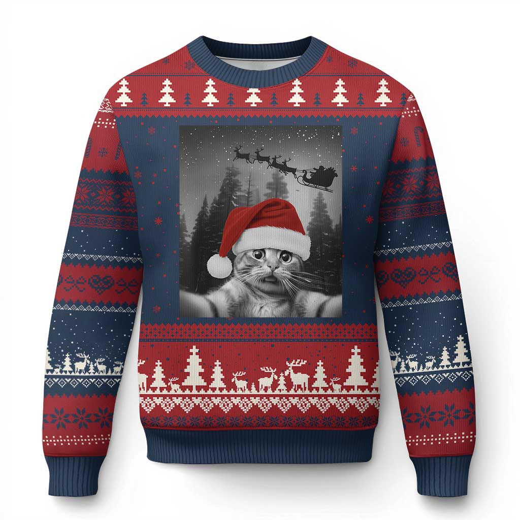 Funny Cat Selfie With Santas Sleigh Christmas Ugly Christmas Sweater - Wonder Print Shop