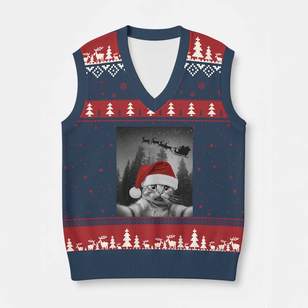 Funny Cat Selfie With Santas Sleigh Christmas V-Neck Knit Sweater Vest - Wonder Print Shop