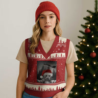 Funny Cat Selfie With Santas Sleigh Christmas V-Neck Knit Sweater Vest - Wonder Print Shop