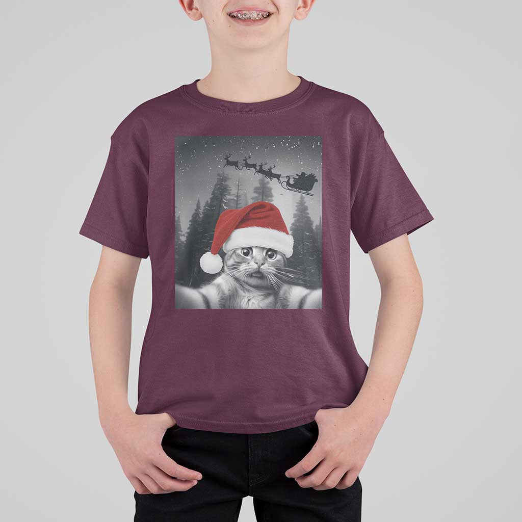 Funny Cat Selfie With Santas Sleigh Christmas T Shirt For Kid - Wonder Print Shop