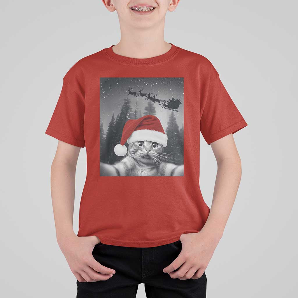 Funny Cat Selfie With Santas Sleigh Christmas T Shirt For Kid - Wonder Print Shop