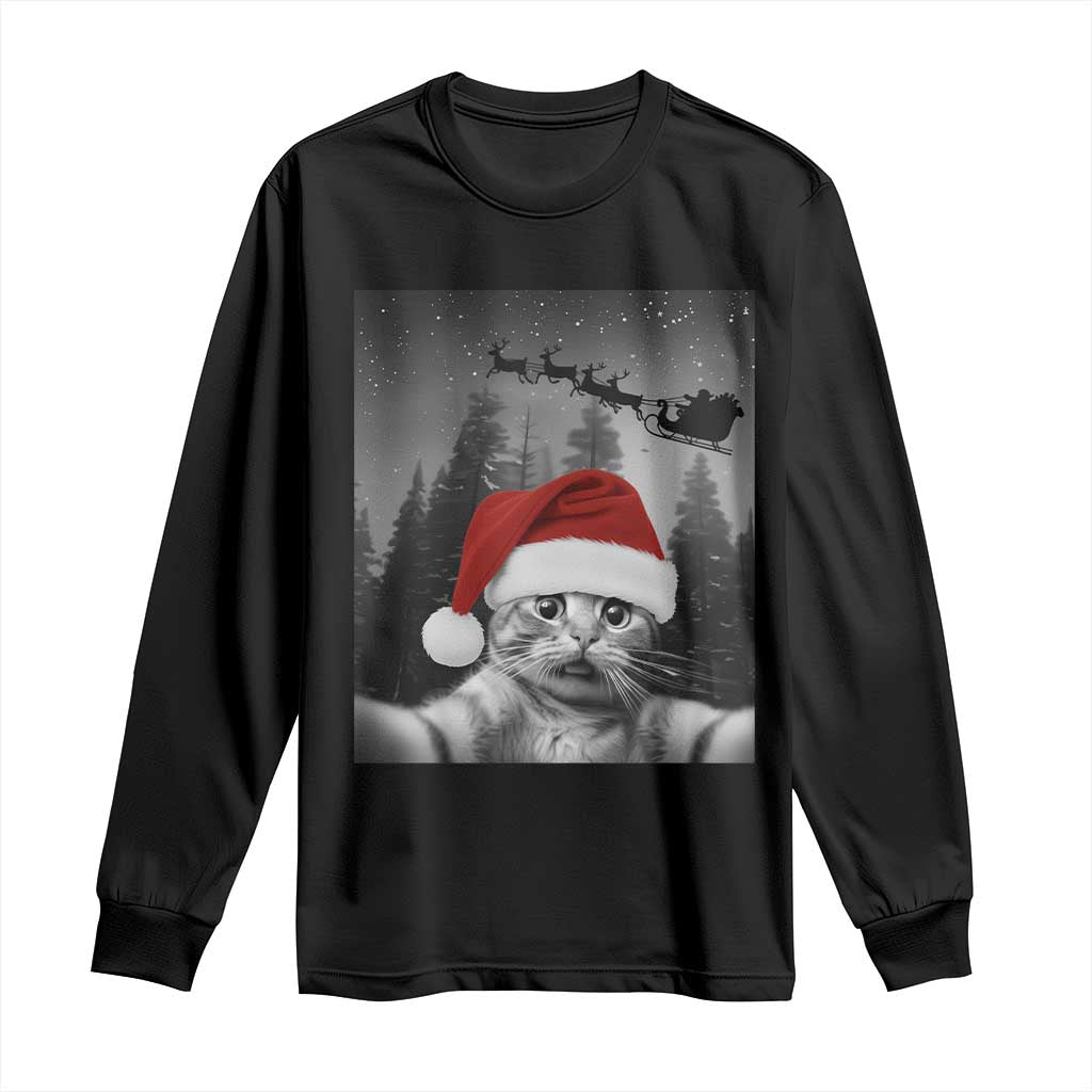 Funny Cat Selfie With Santas Sleigh Christmas Long Sleeve Shirt - Wonder Print Shop