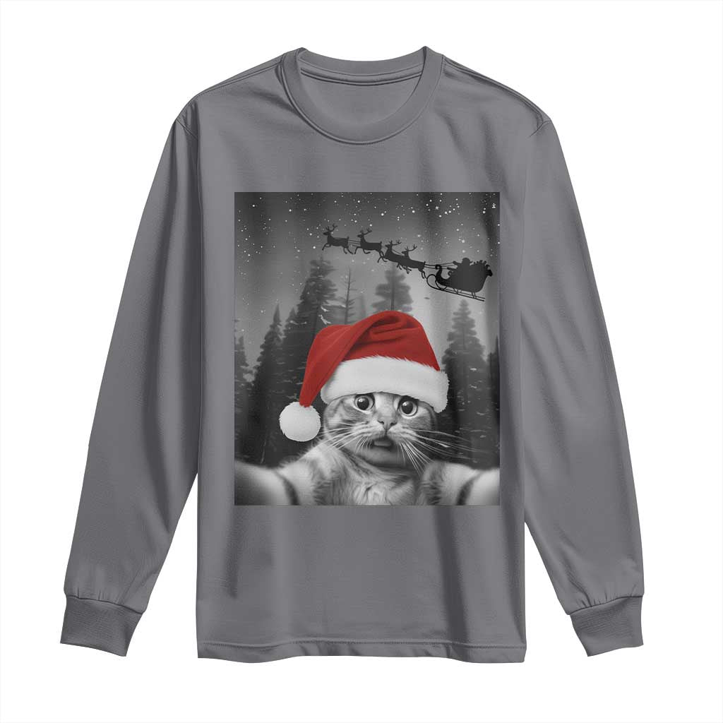 Funny Cat Selfie With Santas Sleigh Christmas Long Sleeve Shirt - Wonder Print Shop