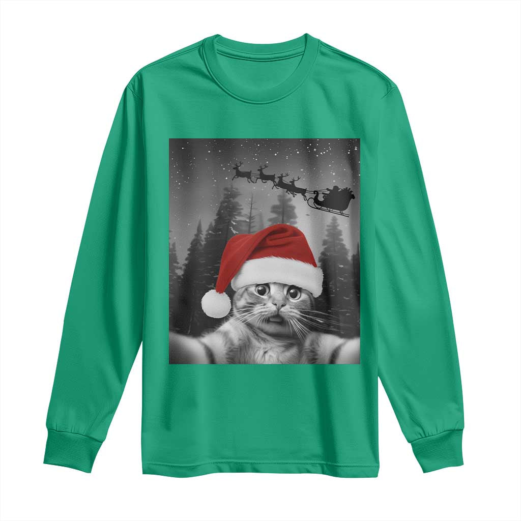 Funny Cat Selfie With Santas Sleigh Christmas Long Sleeve Shirt - Wonder Print Shop