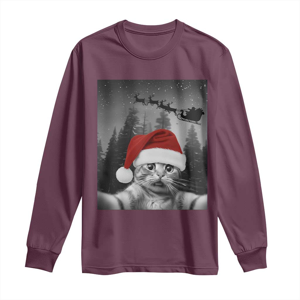 Funny Cat Selfie With Santas Sleigh Christmas Long Sleeve Shirt - Wonder Print Shop