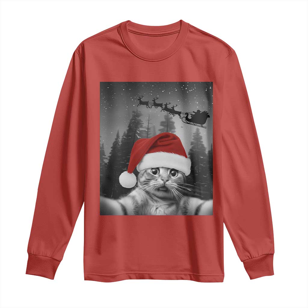 Funny Cat Selfie With Santas Sleigh Christmas Long Sleeve Shirt - Wonder Print Shop