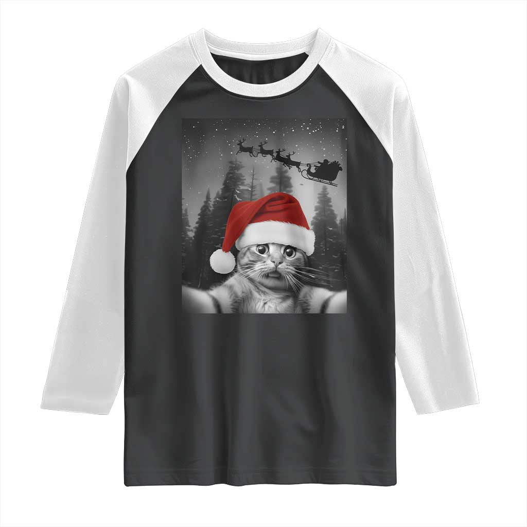 Funny Cat Selfie With Santas Sleigh Christmas Raglan Shirt - Wonder Print Shop