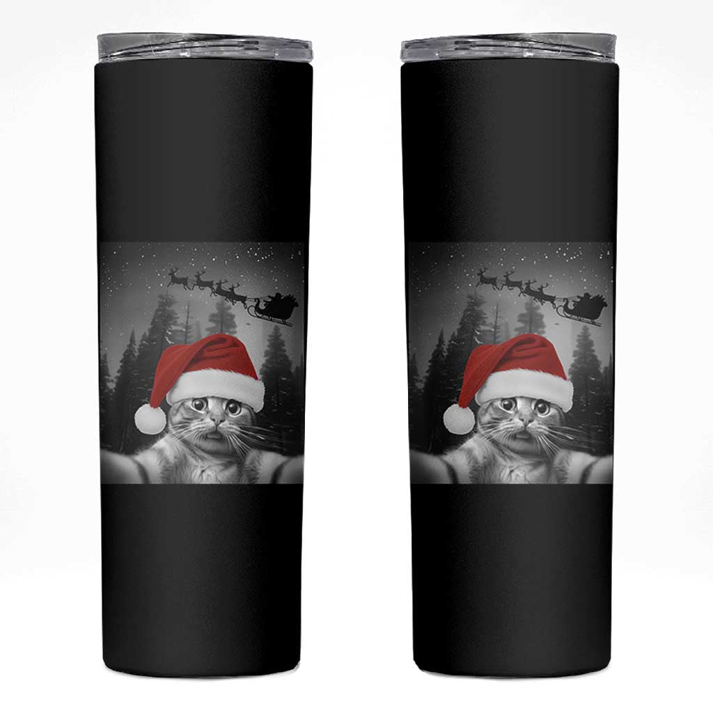 Funny Cat Selfie With Santas Sleigh Christmas Skinny Tumbler - Wonder Print Shop