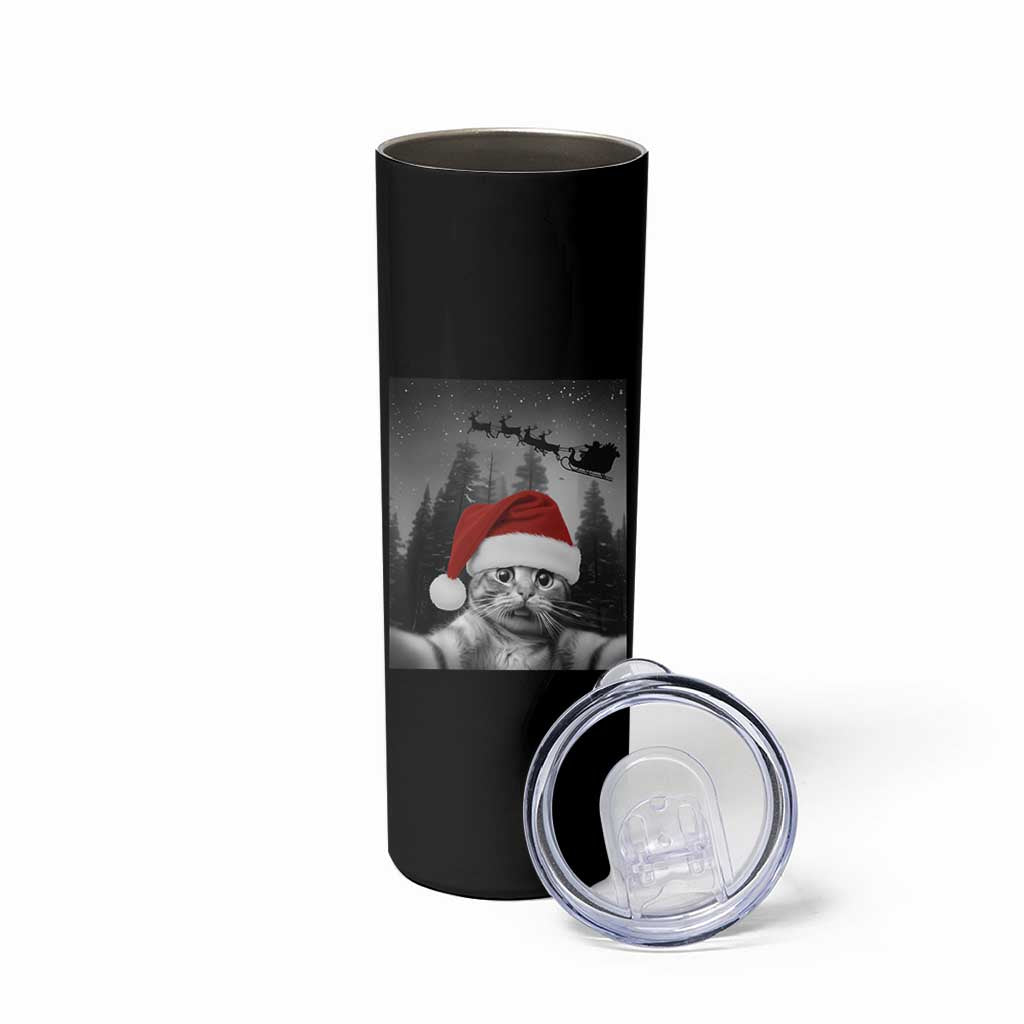 Funny Cat Selfie With Santas Sleigh Christmas Skinny Tumbler - Wonder Print Shop