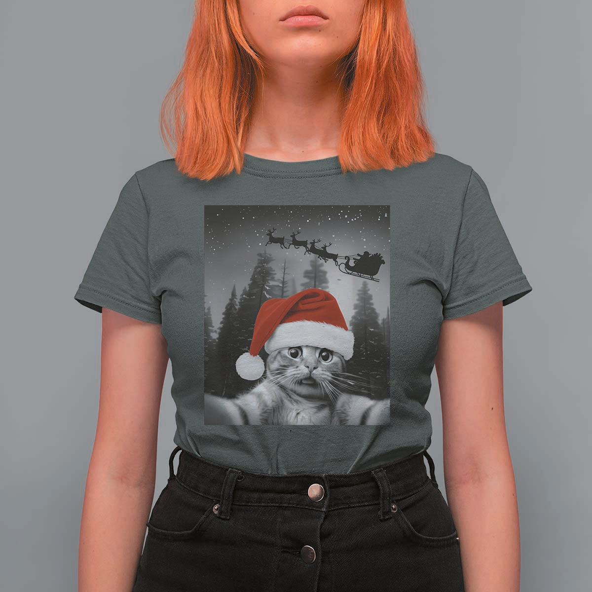 Funny Cat Selfie With Santas Sleigh Christmas T Shirt For Women - Wonder Print Shop