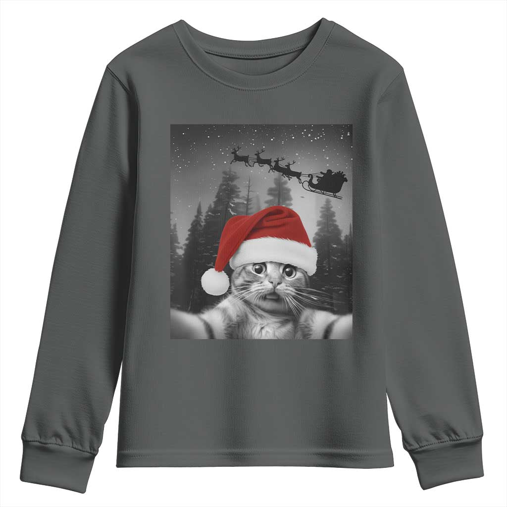 Funny Cat Selfie With Santas Sleigh Christmas Youth Sweatshirt - Wonder Print Shop