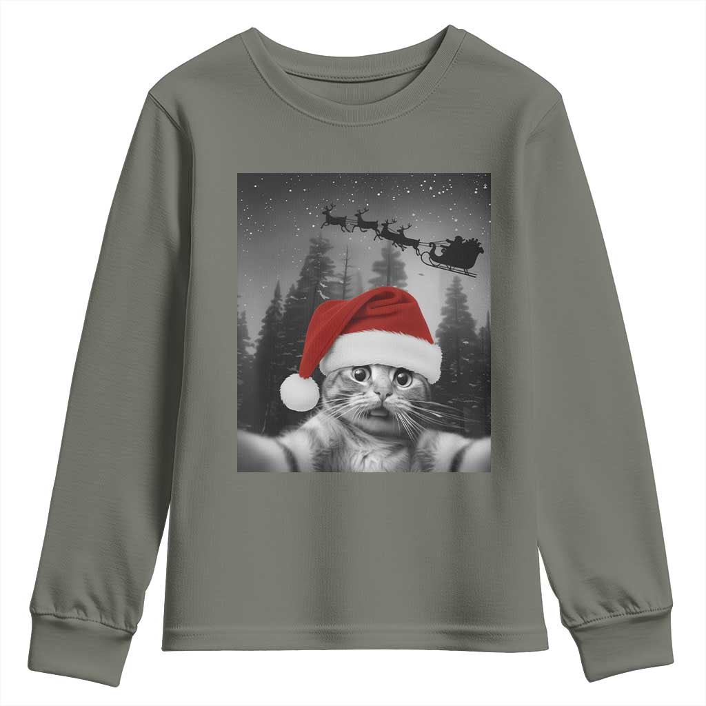 Funny Cat Selfie With Santas Sleigh Christmas Youth Sweatshirt - Wonder Print Shop