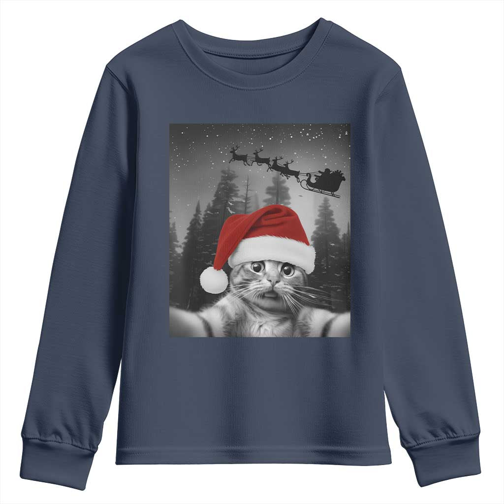 Funny Cat Selfie With Santas Sleigh Christmas Youth Sweatshirt - Wonder Print Shop
