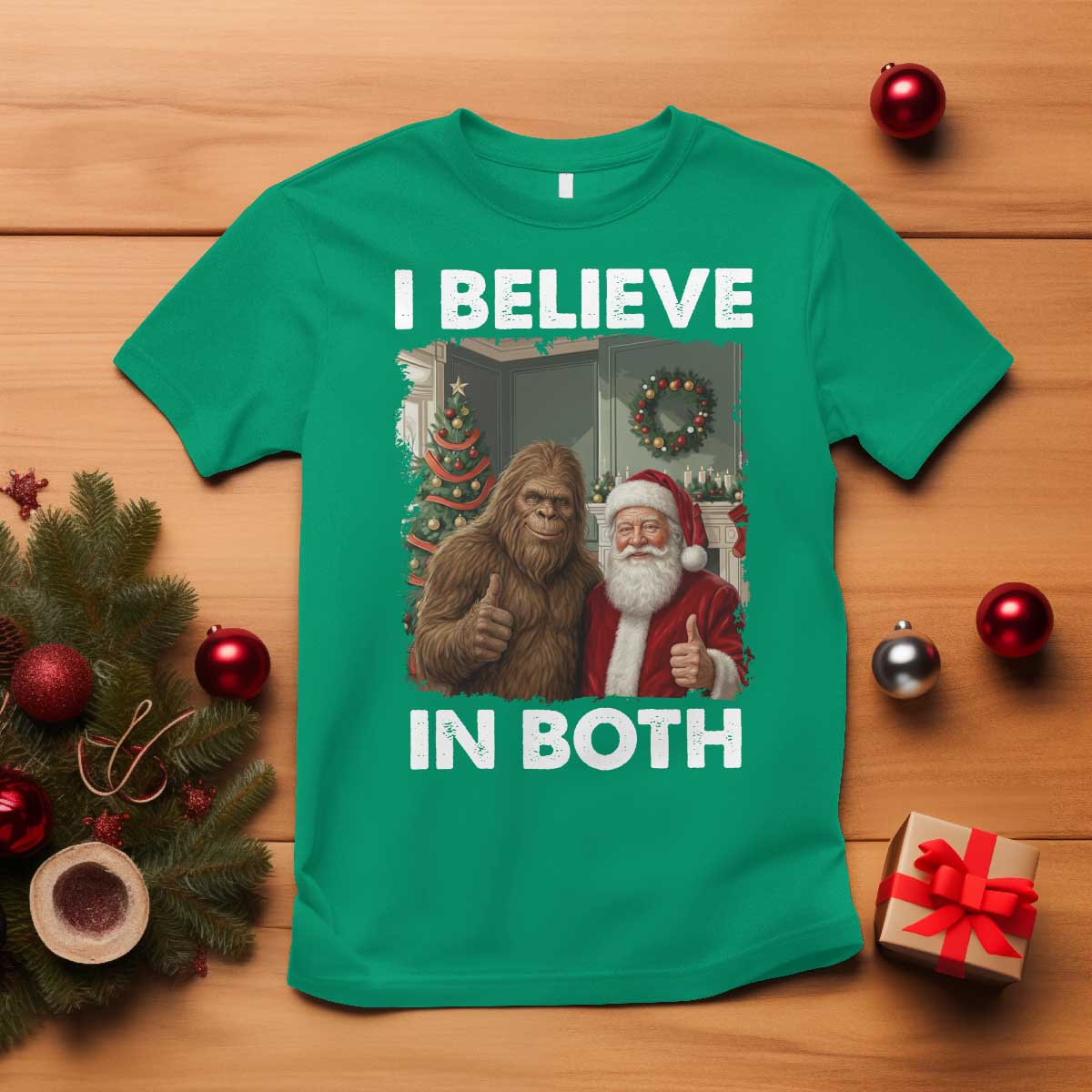 Funny Christmas Santa Bigfoot T Shirt I Believe In Both Xmas Holiday - Wonder Print Shop