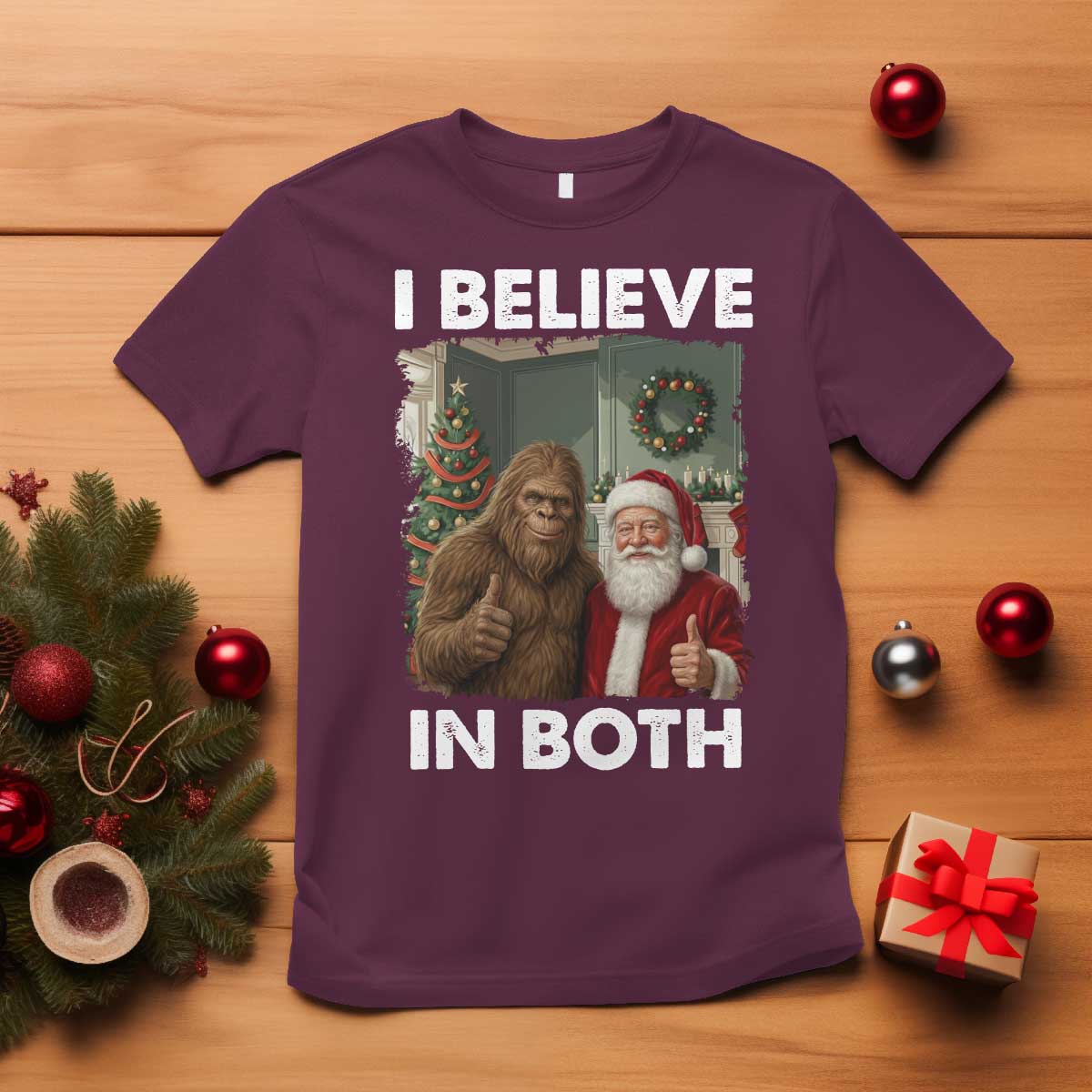 Funny Christmas Santa Bigfoot T Shirt I Believe In Both Xmas Holiday - Wonder Print Shop