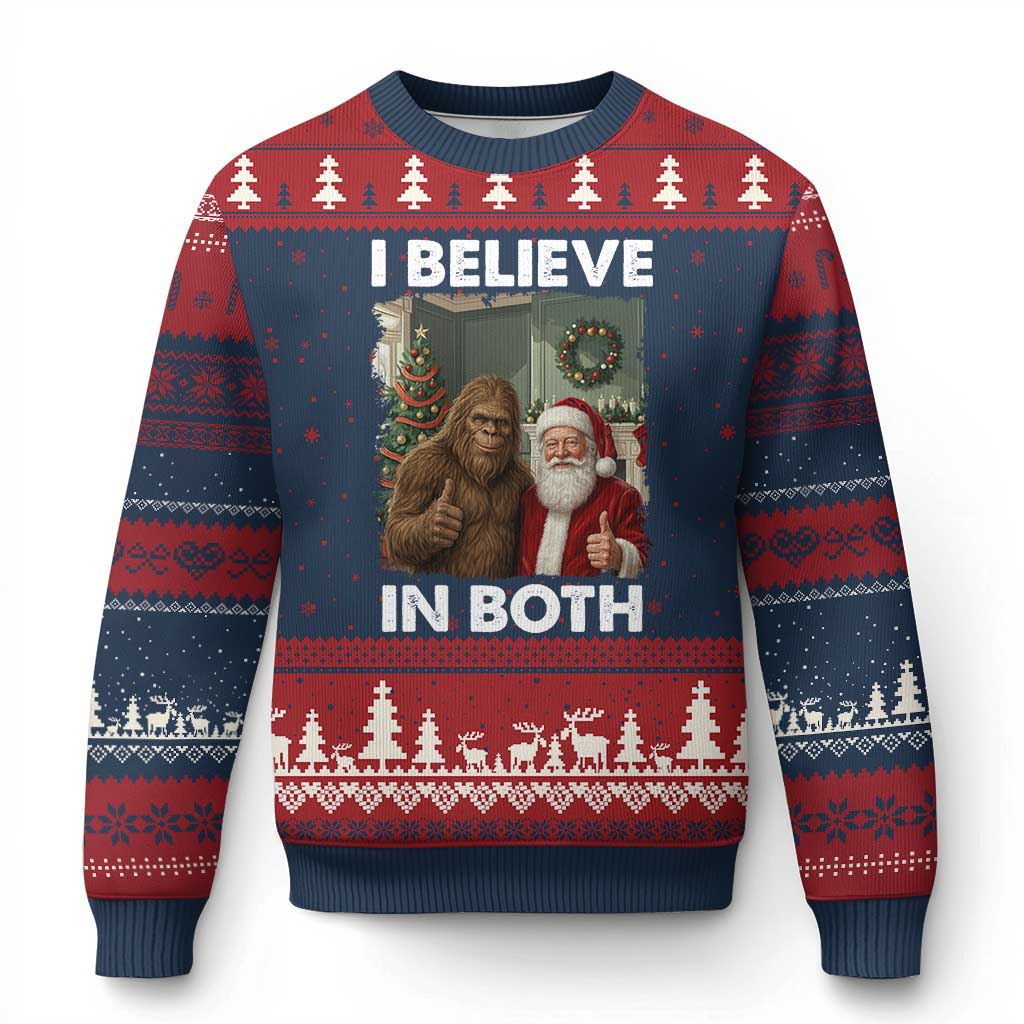 Funny Xmas Santa Bigfoot Ugly Christmas Sweater I Believe In Both Xmas Holiday - Wonder Print Shop