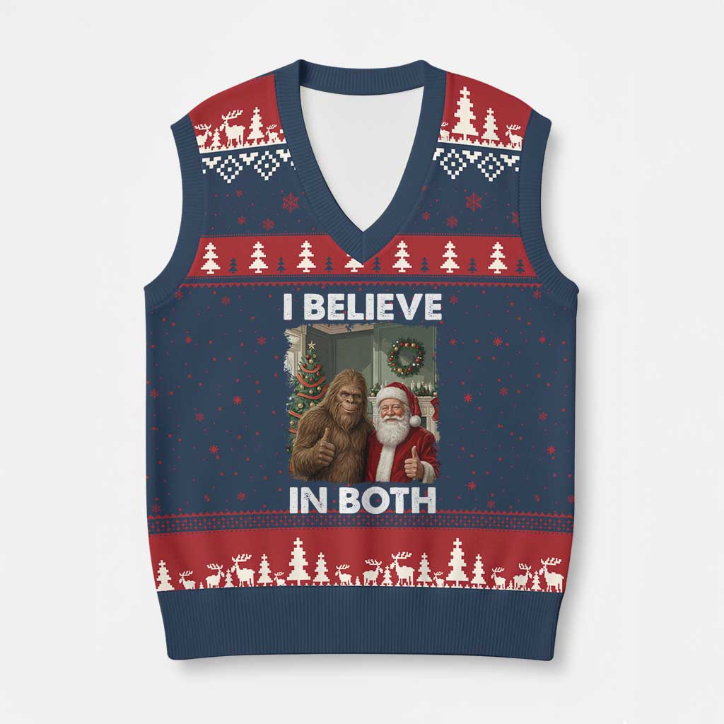 Funny Xmas Santa Bigfoot V-Neck Knit Sweater Vest I Believe In Both Xmas Holiday - Wonder Print Shop