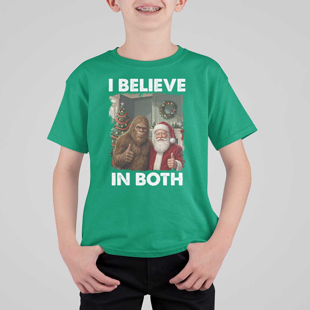 Funny Christmas Santa Bigfoot T Shirt For Kid I Believe In Both Xmas Holiday - Wonder Print Shop