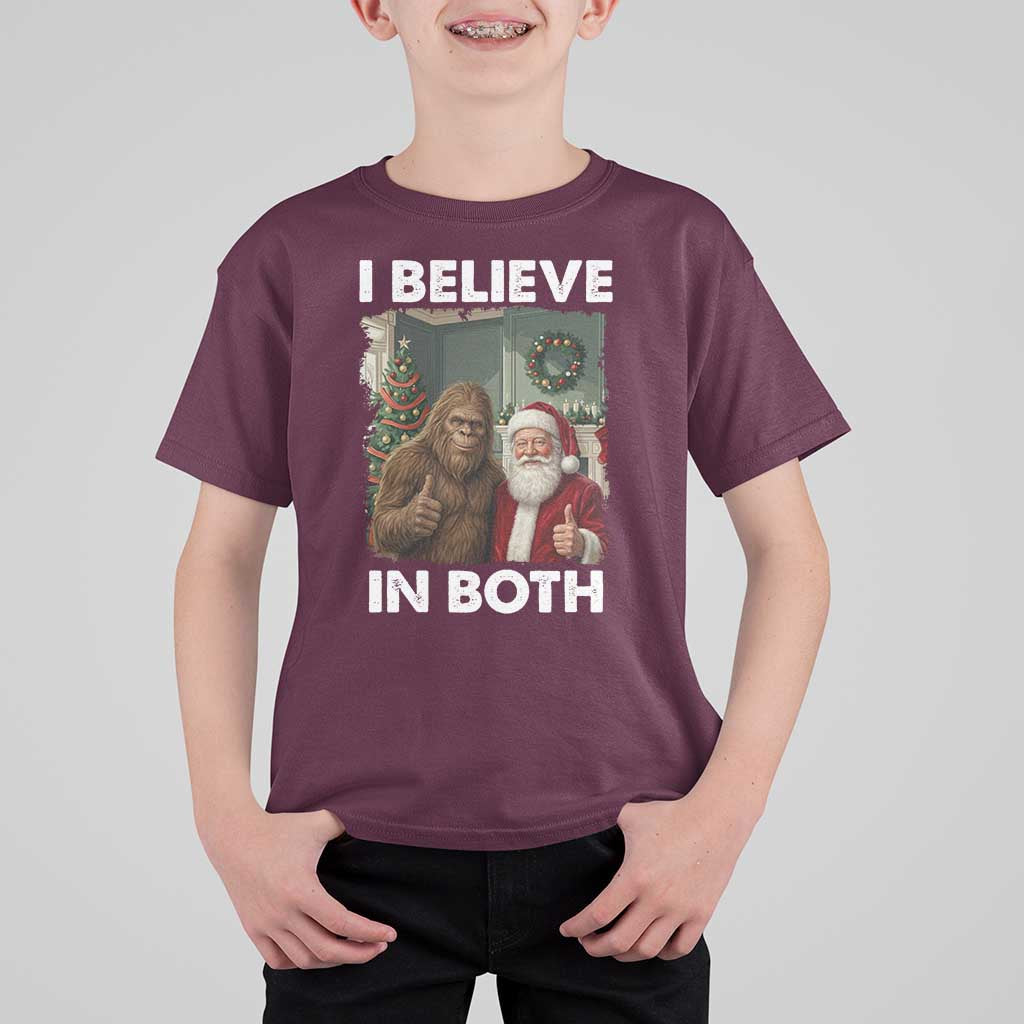 Funny Christmas Santa Bigfoot T Shirt For Kid I Believe In Both Xmas Holiday - Wonder Print Shop