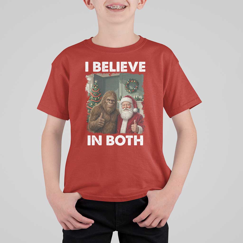 Funny Christmas Santa Bigfoot T Shirt For Kid I Believe In Both Xmas Holiday - Wonder Print Shop
