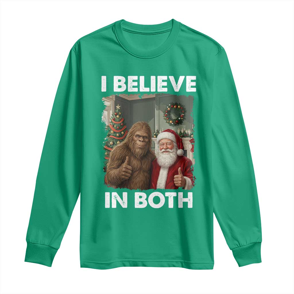 Funny Christmas Santa Bigfoot Long Sleeve Shirt I Believe In Both Xmas Holiday - Wonder Print Shop