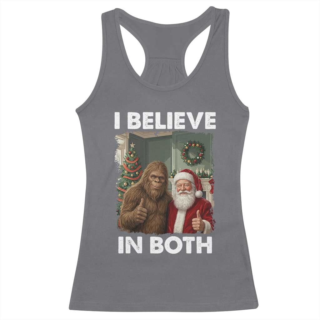 Funny Christmas Santa Bigfoot Racerback Tank Top I Believe In Both Xmas Holiday - Wonder Print Shop