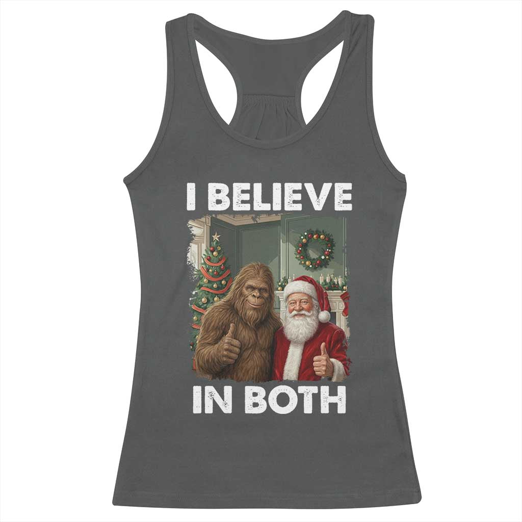 Funny Christmas Santa Bigfoot Racerback Tank Top I Believe In Both Xmas Holiday - Wonder Print Shop