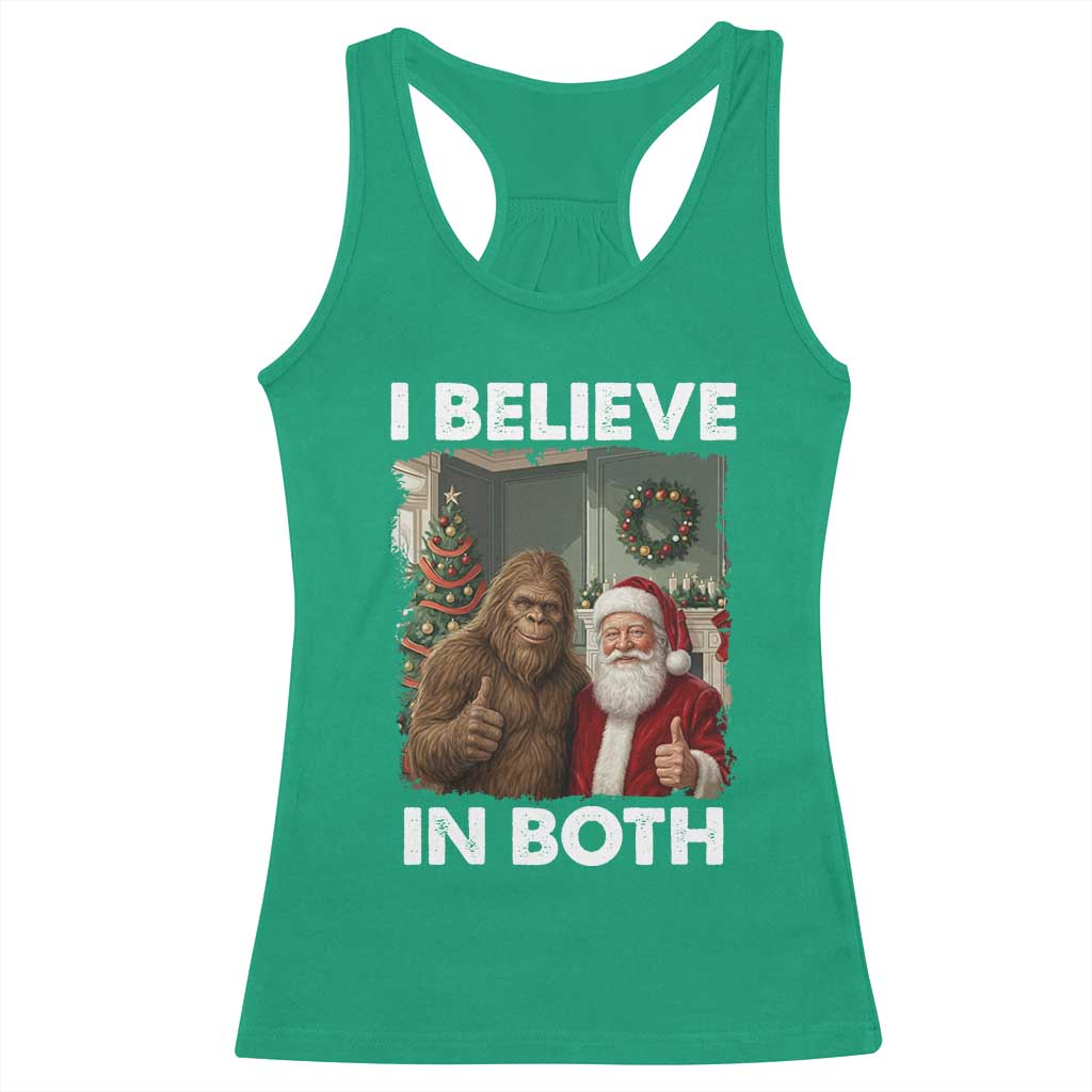 Funny Christmas Santa Bigfoot Racerback Tank Top I Believe In Both Xmas Holiday - Wonder Print Shop
