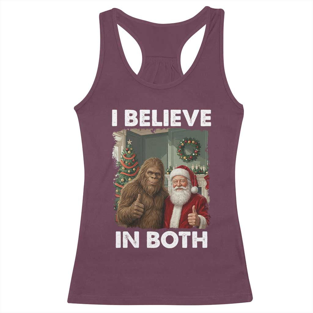 Funny Christmas Santa Bigfoot Racerback Tank Top I Believe In Both Xmas Holiday - Wonder Print Shop