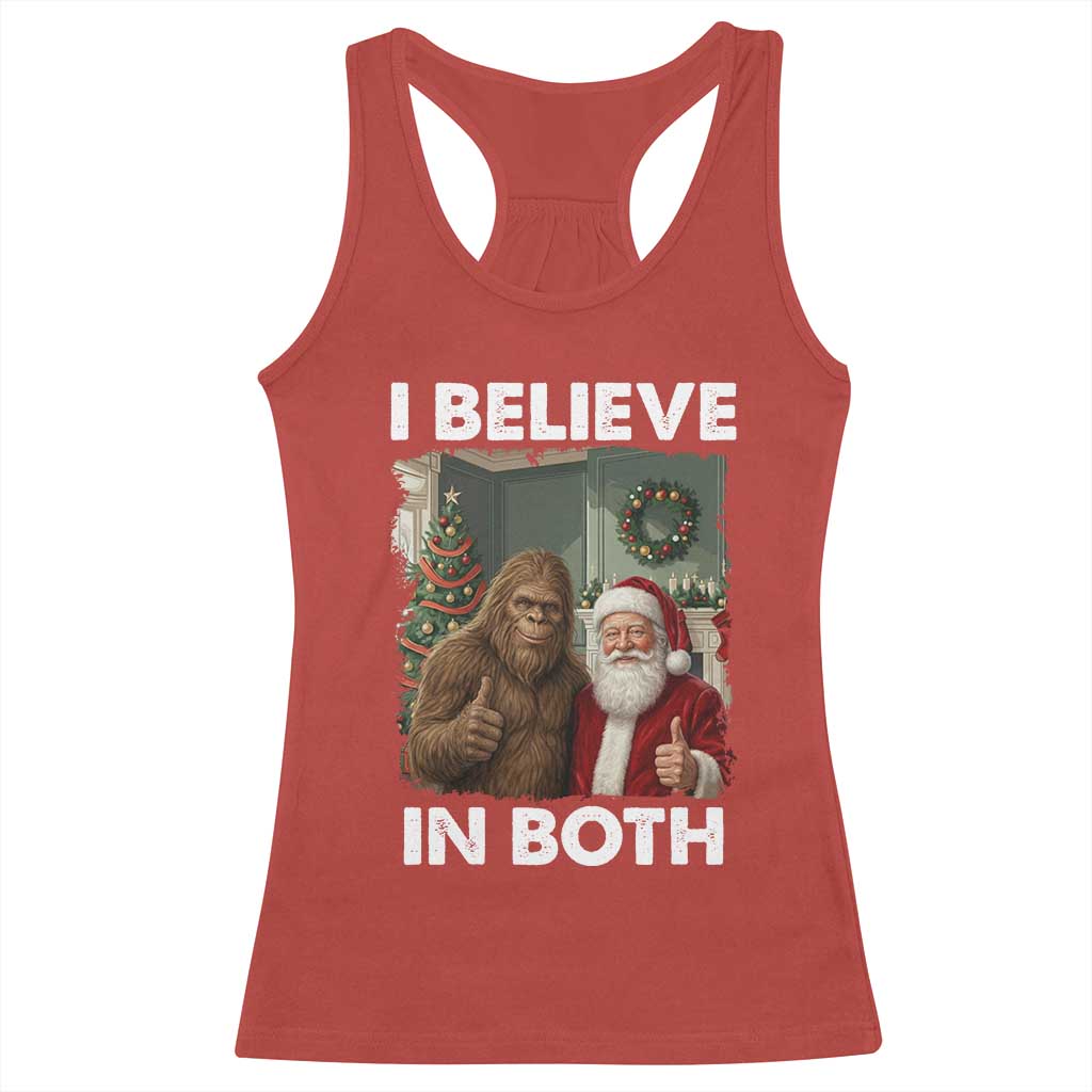 Funny Christmas Santa Bigfoot Racerback Tank Top I Believe In Both Xmas Holiday - Wonder Print Shop