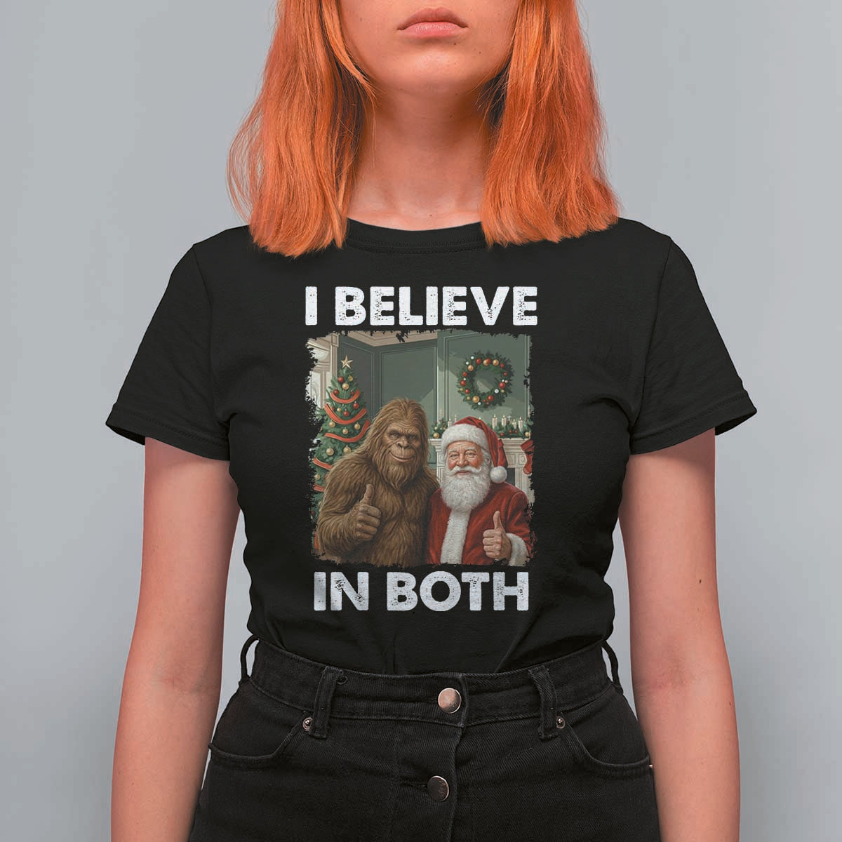 Funny Christmas Santa Bigfoot T Shirt For Women I Believe In Both Xmas Holiday - Wonder Print Shop