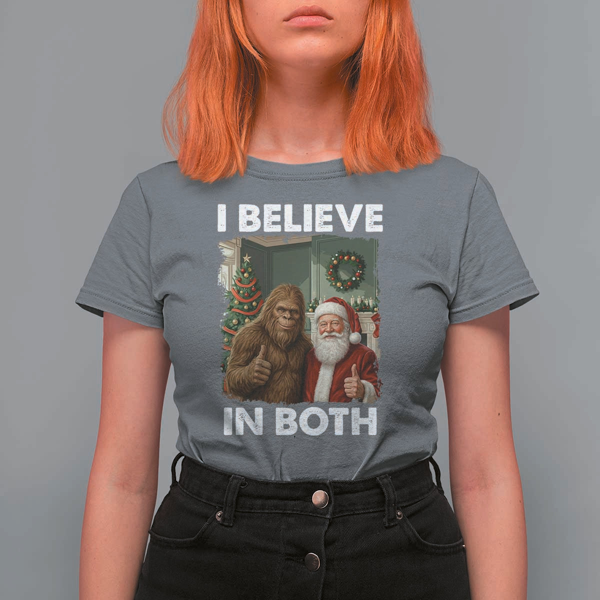Funny Christmas Santa Bigfoot T Shirt For Women I Believe In Both Xmas Holiday - Wonder Print Shop