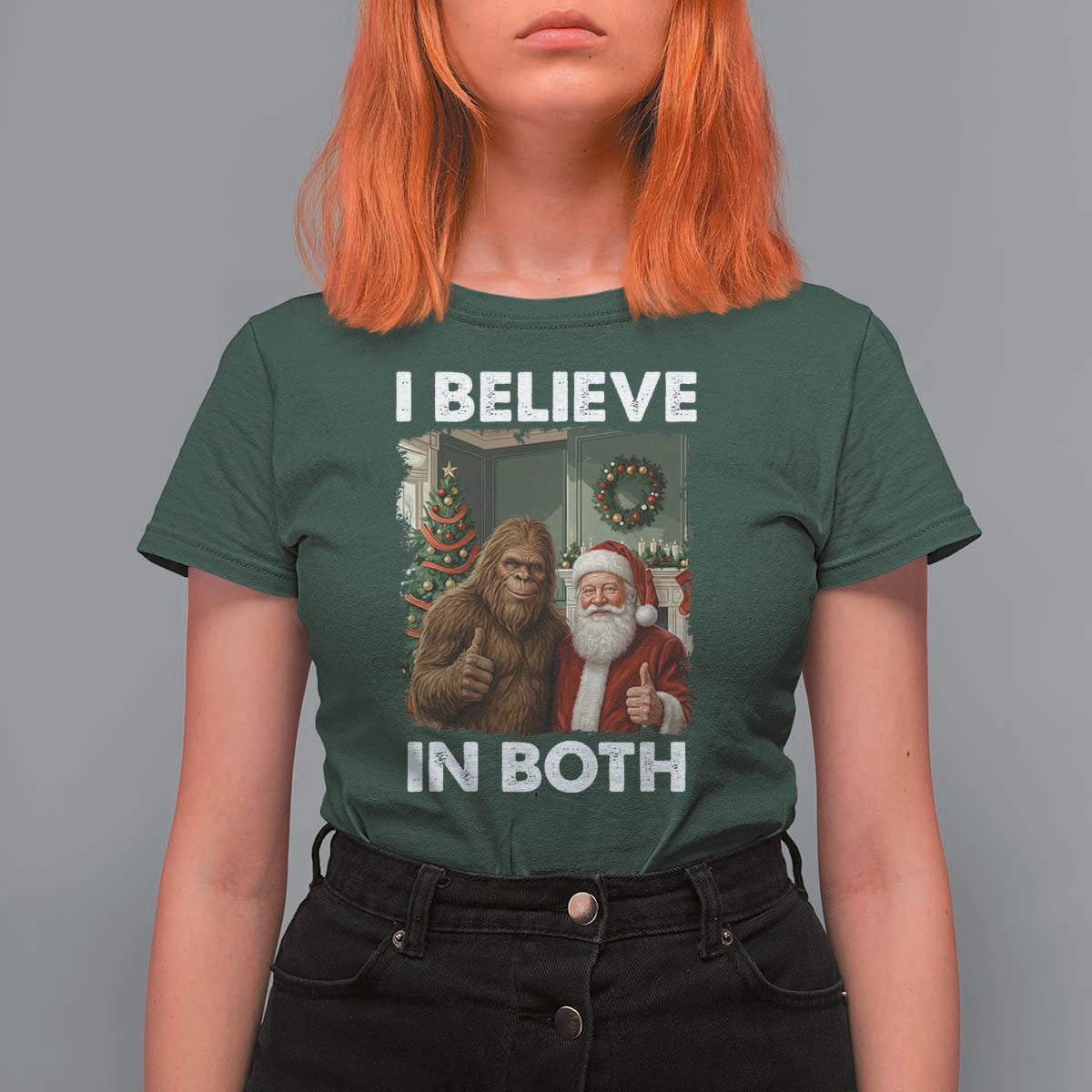 Funny Christmas Santa Bigfoot T Shirt For Women I Believe In Both Xmas Holiday - Wonder Print Shop
