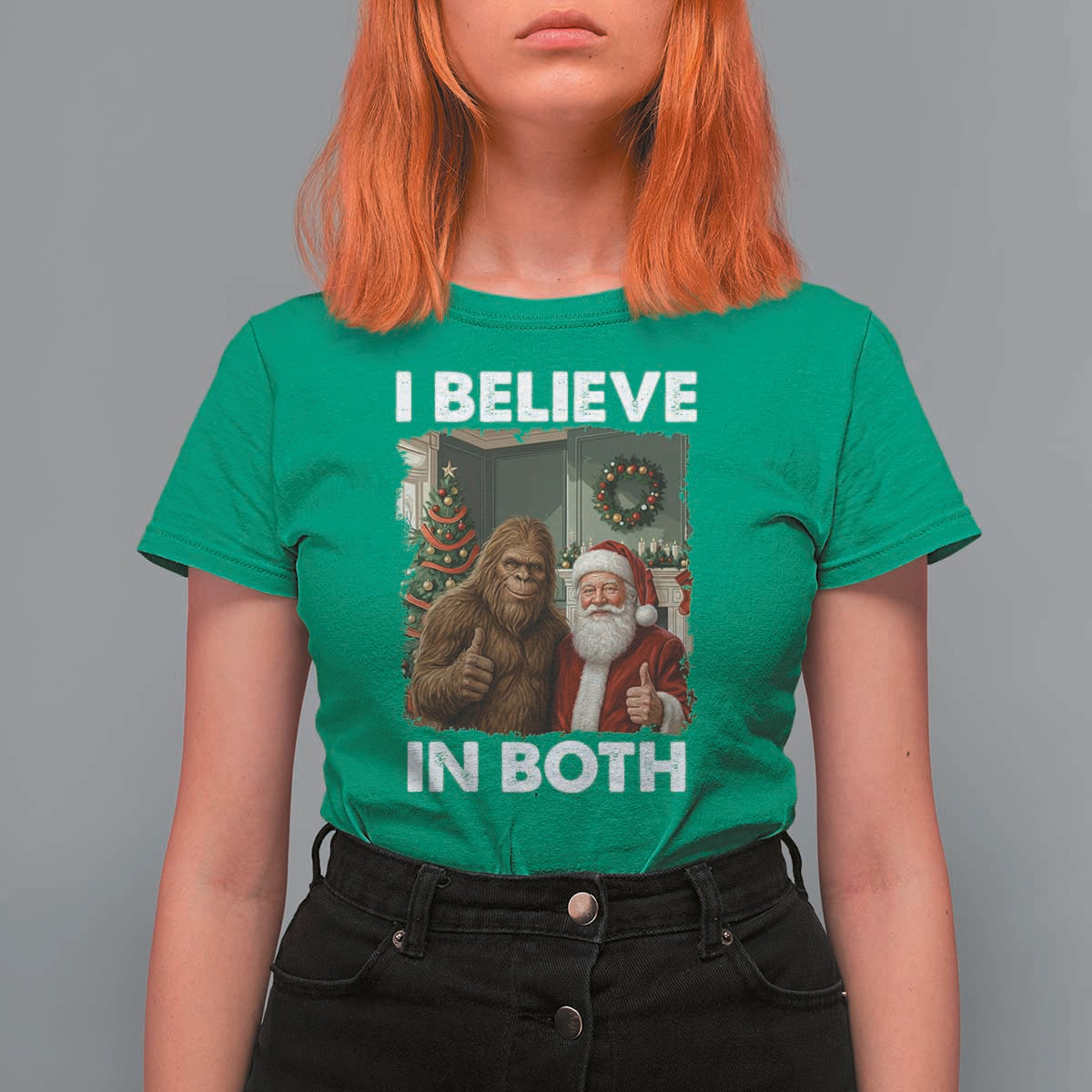 Funny Christmas Santa Bigfoot T Shirt For Women I Believe In Both Xmas Holiday - Wonder Print Shop