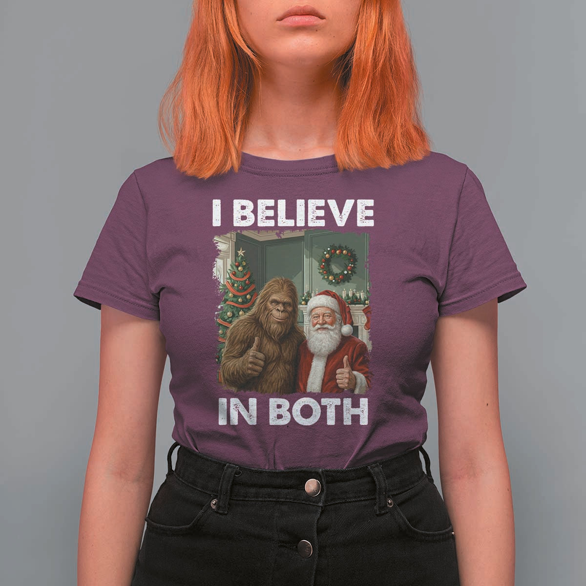 Funny Christmas Santa Bigfoot T Shirt For Women I Believe In Both Xmas Holiday - Wonder Print Shop