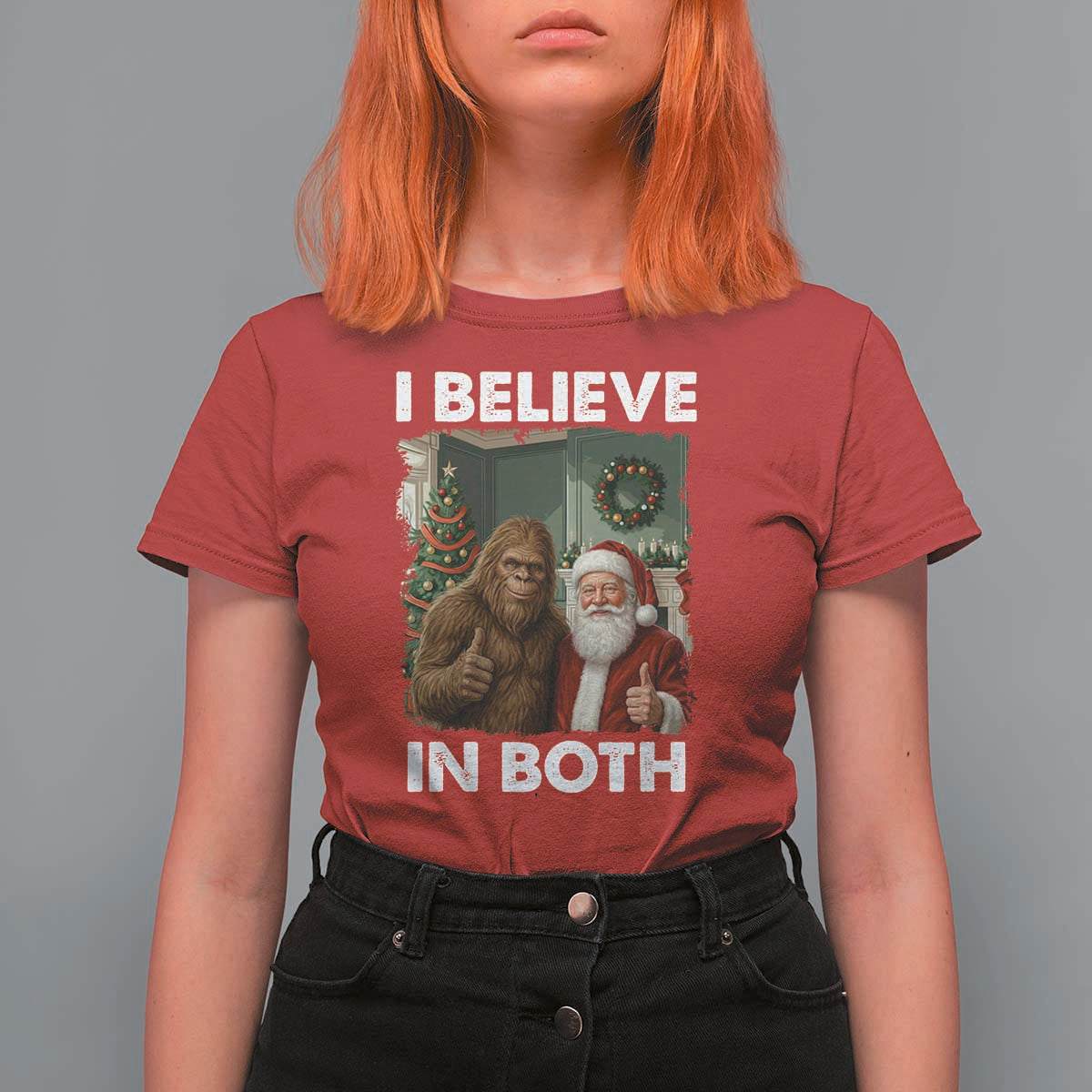 Funny Christmas Santa Bigfoot T Shirt For Women I Believe In Both Xmas Holiday - Wonder Print Shop
