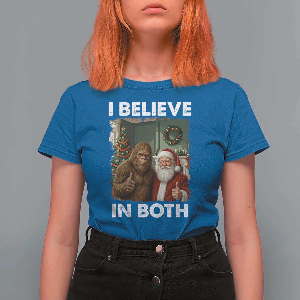 Funny Christmas Santa Bigfoot T Shirt For Women I Believe In Both Xmas Holiday - Wonder Print Shop