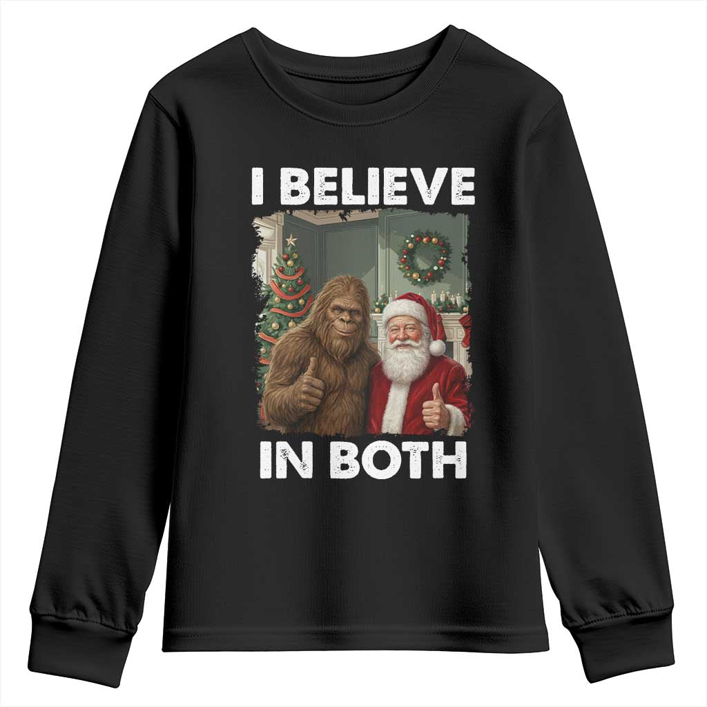 Funny Christmas Santa Bigfoot Youth Sweatshirt I Believe In Both Xmas Holiday - Wonder Print Shop