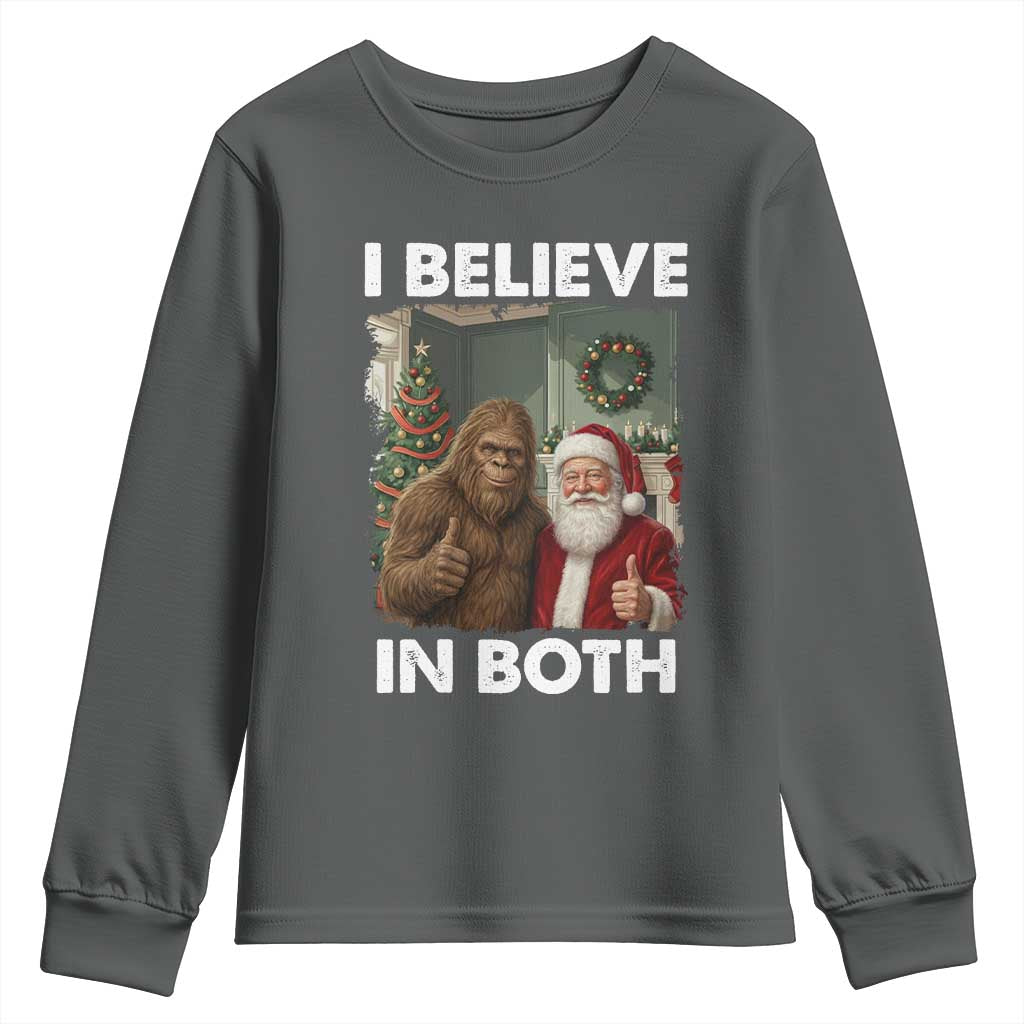 Funny Christmas Santa Bigfoot Youth Sweatshirt I Believe In Both Xmas Holiday - Wonder Print Shop