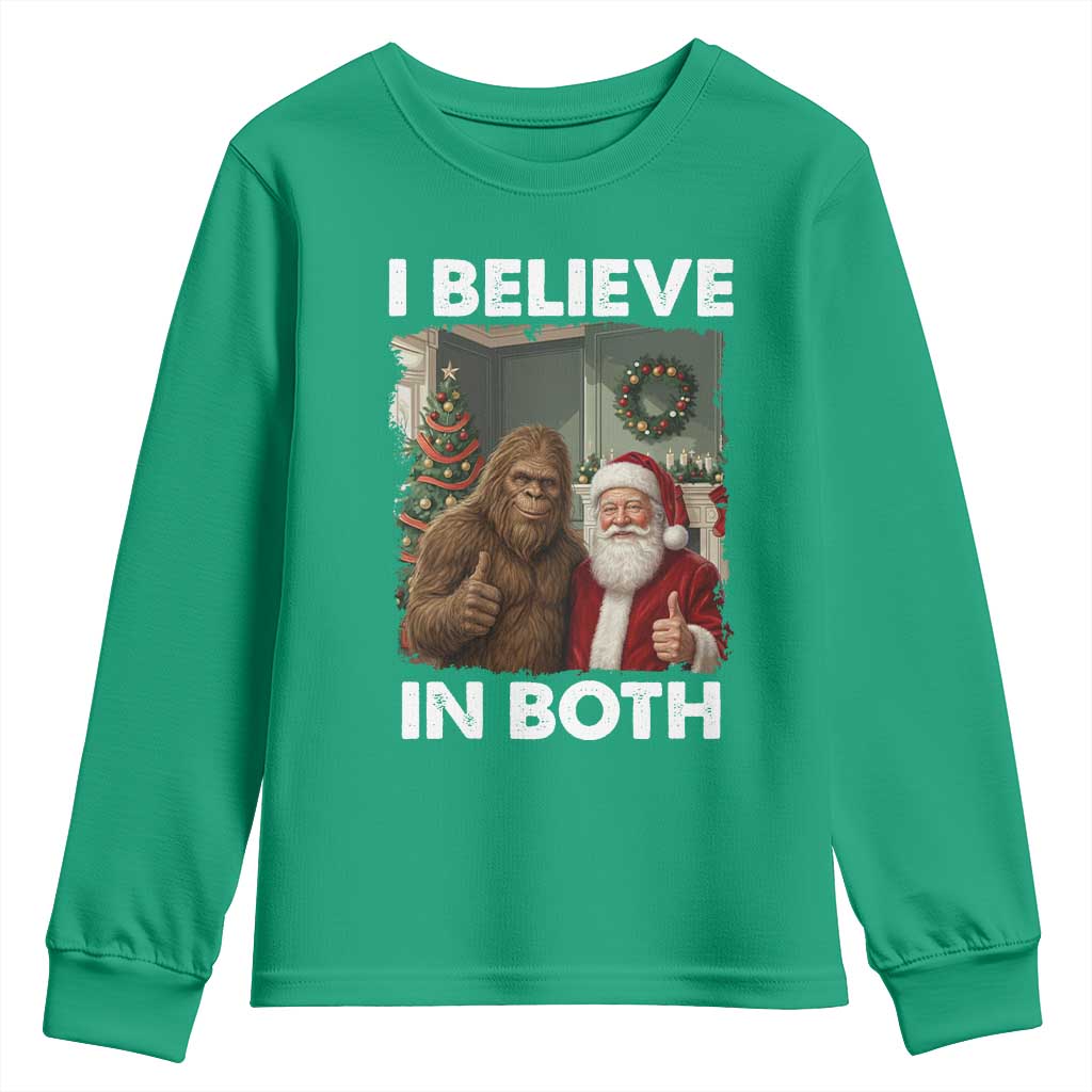 Funny Christmas Santa Bigfoot Youth Sweatshirt I Believe In Both Xmas Holiday - Wonder Print Shop