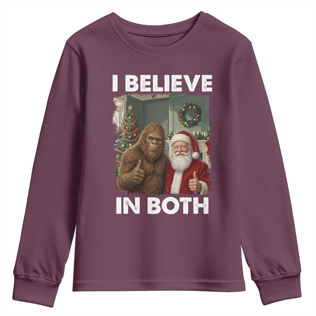 Funny Christmas Santa Bigfoot Youth Sweatshirt I Believe In Both Xmas Holiday - Wonder Print Shop