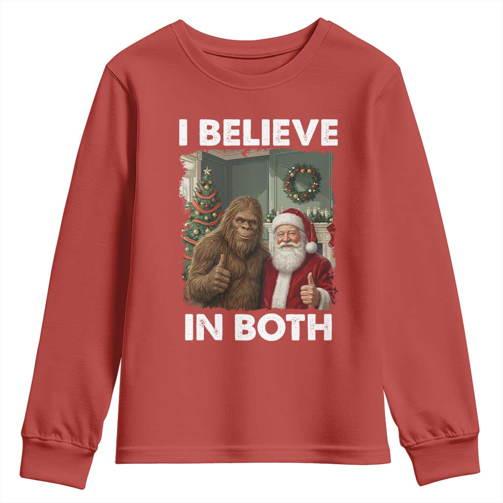 Funny Christmas Santa Bigfoot Youth Sweatshirt I Believe In Both Xmas Holiday - Wonder Print Shop