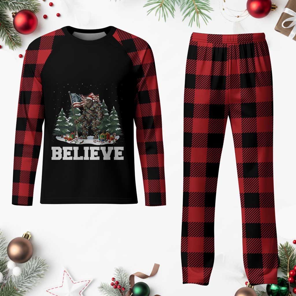 Funny Believe Bigfoot Christmas Plaid Pajama Set American Flag Sasquatch Holiday Gift - Wonder Print Shop