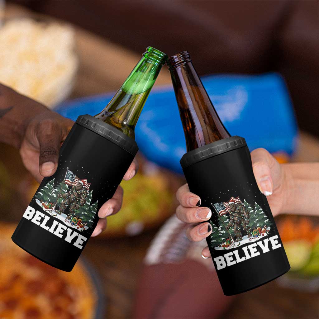 Funny Believe Bigfoot Christmas 4 in 1 Can Cooler Tumbler American Flag Sasquatch Holiday Gift - Wonder Print Shop